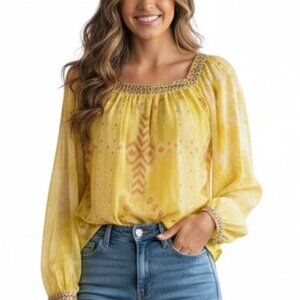 Sheridan French Yellow Ikat Print Embellished Cotton Blouse - Size XS